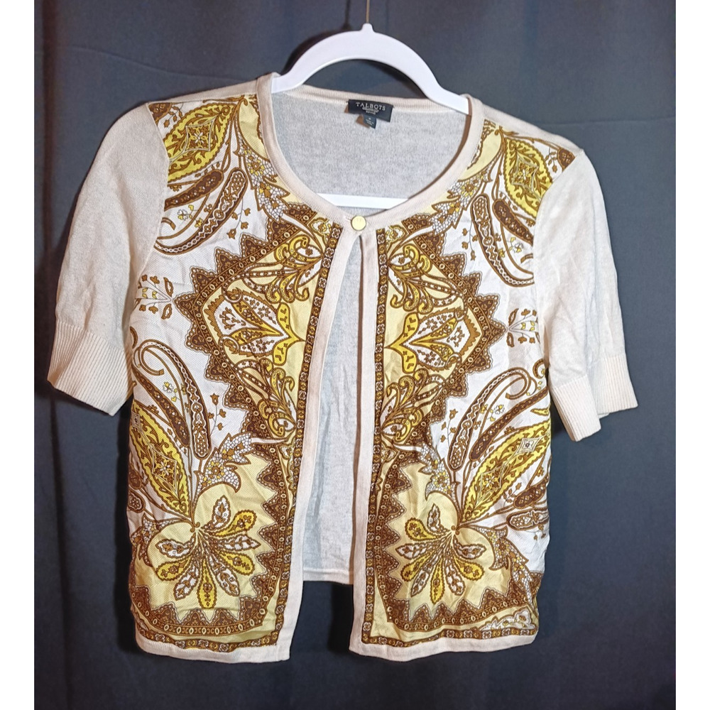 Talbots Petite 100% Silk Yellow Brown Gold Cream Short Sleeve Cardigan Top S